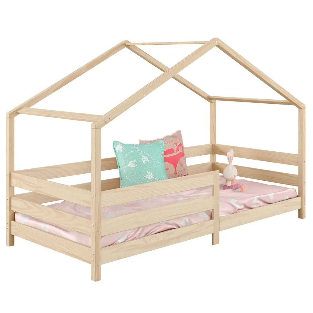 Hausbett RENA aus massiver Kiefer in natur, schönes Montessori Bett mit Rausfallschutz, stabiles Kinderbett in 90 x 200 cm